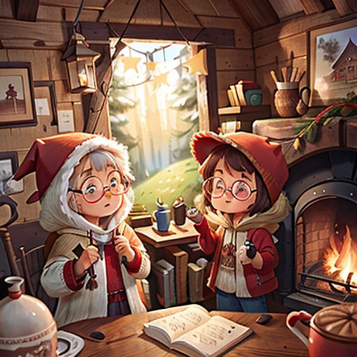 two children are standing in front of a fireplace with a book and a cup of coffee in front of them