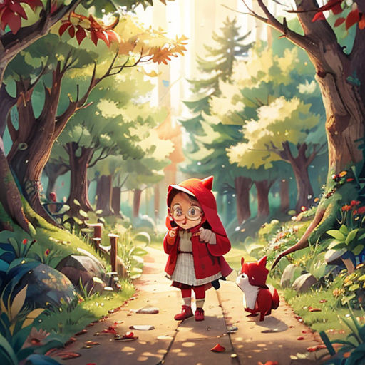 a little girl in a red coat is walking through a forest with a red fox on a leash and a red fox on the ground