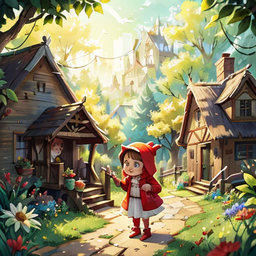 a little girl in a red coat is standing in a garden with a house and trees in the background