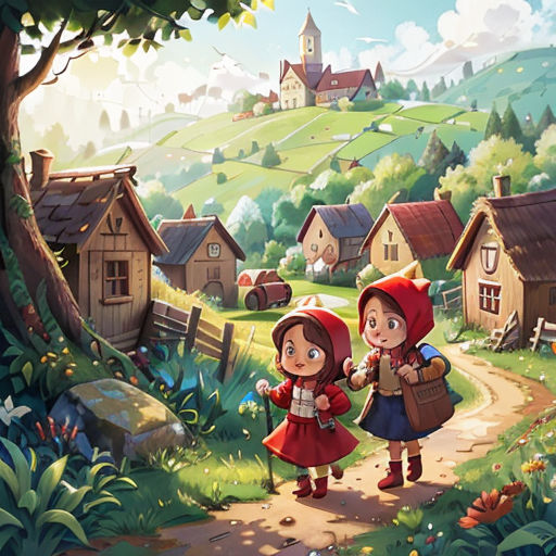two children walking down a path in a village with a red umbrella and a red hat on, with a green hillside in the background