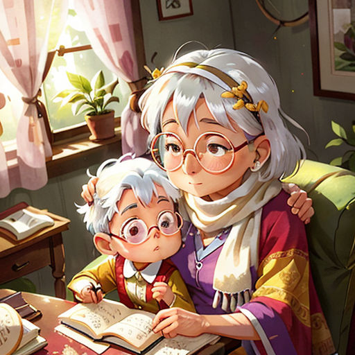 a woman and child are sitting at a table with an open book in front of them, and a window behind them