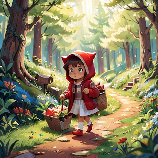 a little red riding on a horse in the forest with a basket of fruit and a basket of mushrooms