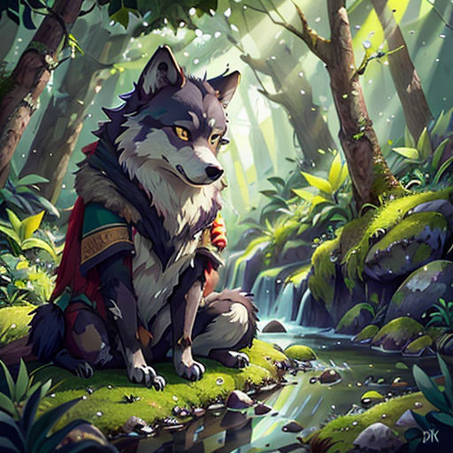a wolf sitting on a rock in the woods next to a stream of water and trees with a forest background