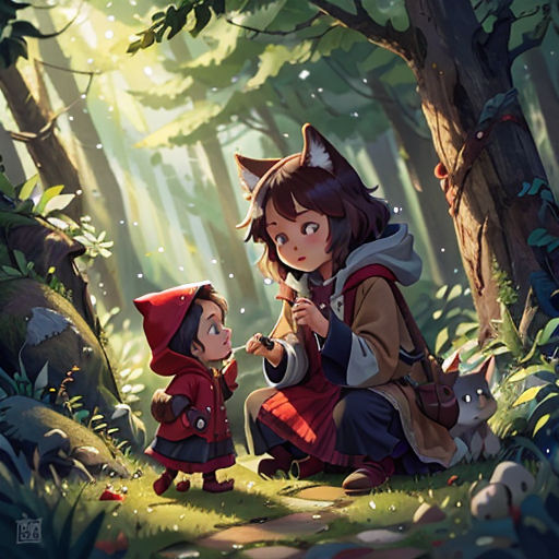 a little girl and a little boy in the woods with a forest background and a forest scene with a forest scene with a little girl and a wolf