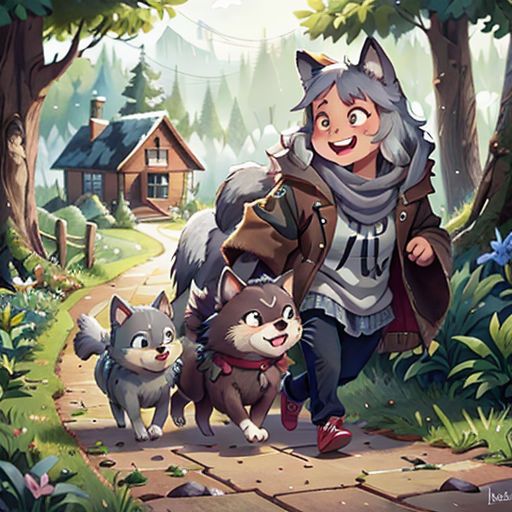 a woman walking two dogs down a path in the woods with a cabin in the background and a forest scene