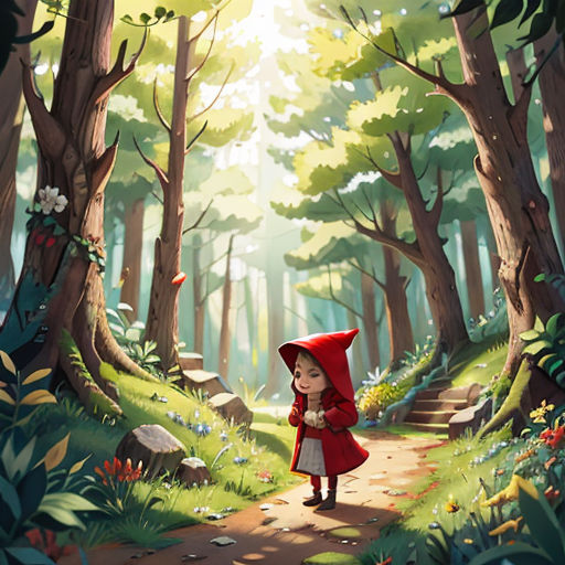 a little red riding on a path through a forest with a bird flying overhead and a red hood on