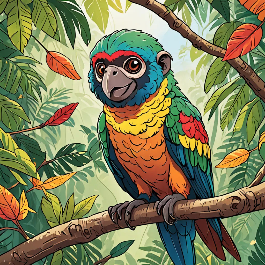 a colorful parrot sitting on a branch in a jungle setting with leaves and branches around it, with a blue sky in the background, fantasy art, a storybook illustration, Chris LaBrooy, josan gonzales and dan mumford