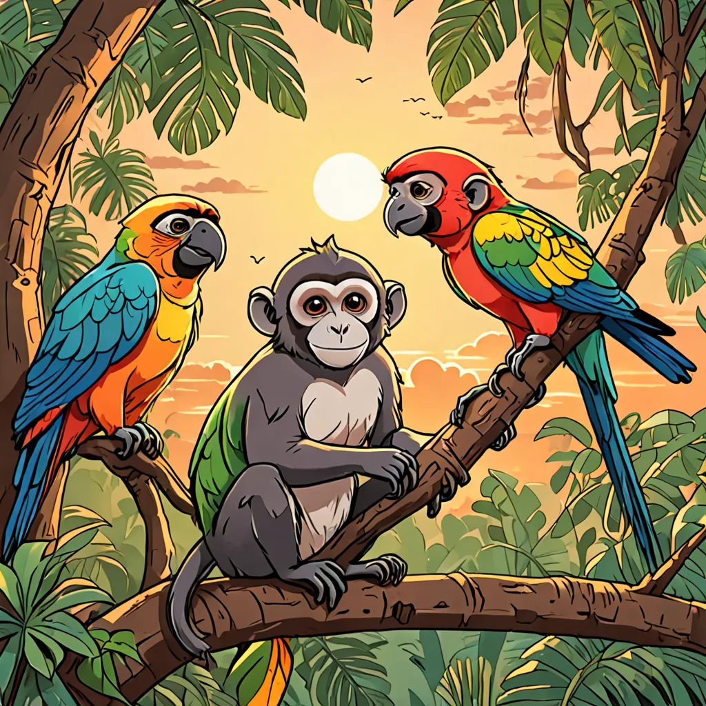 a group of colorful birds sitting on top of a tree branch in a forest at sunset with a monkey, primitivism, a storybook illustration, Alex Petruk APe, jungle
