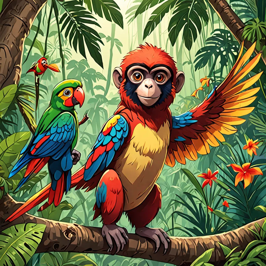 a monkey and a parrot sitting on a branch in the jungle with tropical plants and flowers around them,, primitivism, a digital painting, Chris LaBrooy, highly detailed digital painting