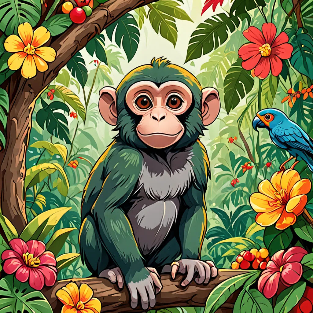a monkey sitting on a branch in a jungle with flowers and a bird on the branch, with a background of tropical plants and flowers, naturalism, a storybook illustration, Chris LaBrooy, jungle
