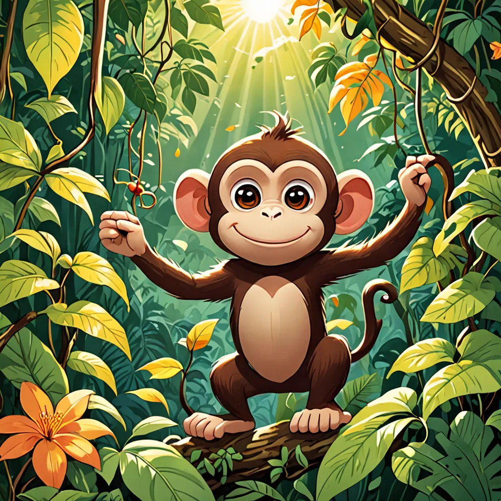a monkey is sitting on a tree branch in the jungle with a bright light shining down on it's face, primitivism, a storybook illustration, Chris LaBrooy, rossdraws global illumination