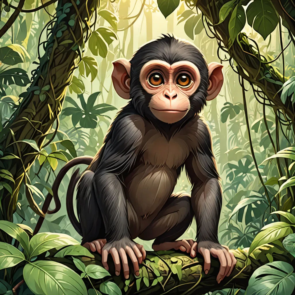 a monkey sitting on a branch in a jungle with leaves and plants around it, looking at the camera, sumatraism, a digital painting, Alex Petruk APe, highly detailed digital painting