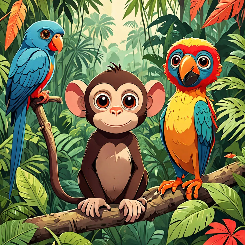 three monkeys and a monkey sitting on a branch in the jungle with tropical plants and leaves around them, with a background of foliage, naive art, a storybook illustration, Chris LaBrooy, jungle