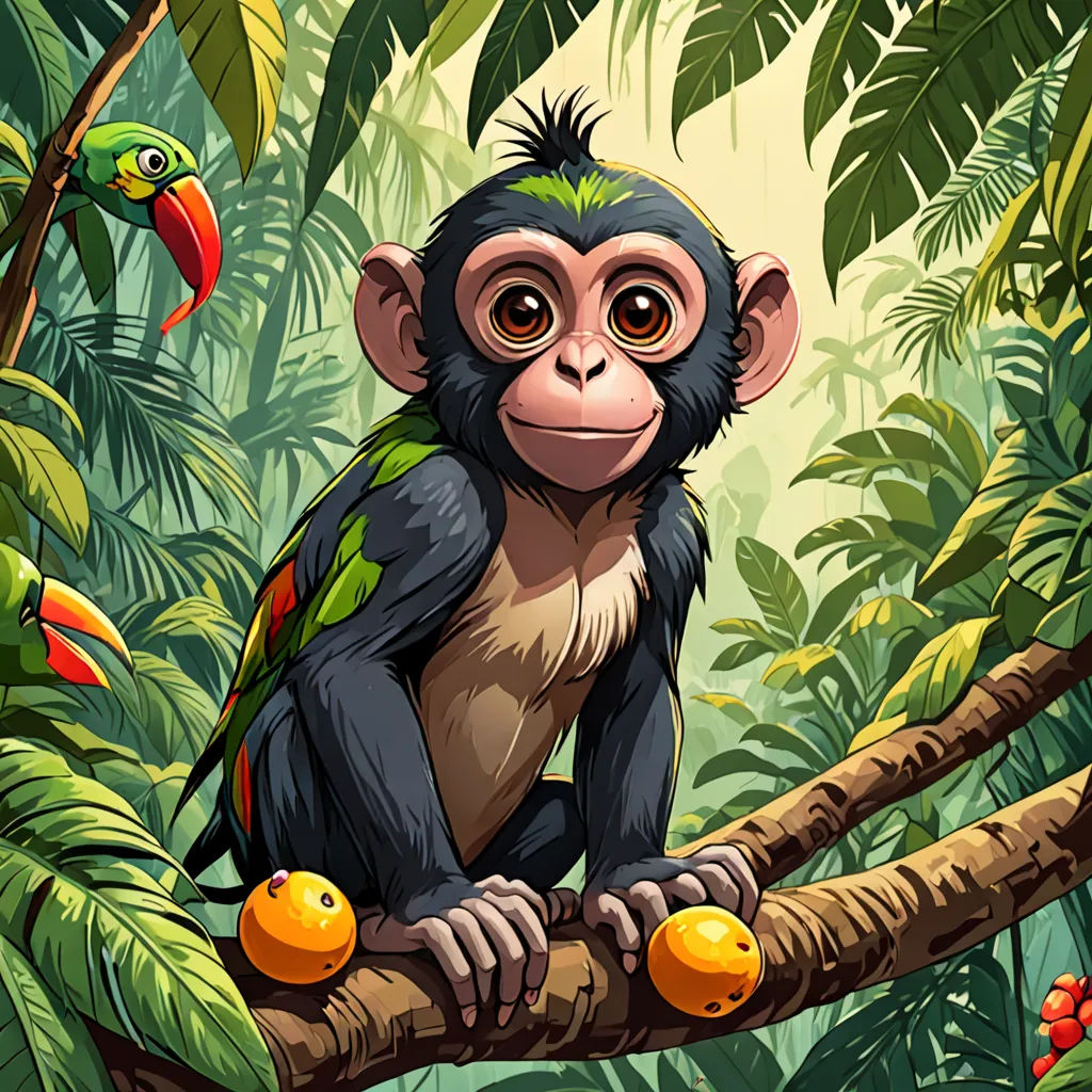 a monkey sitting on a branch in a jungle with oranges and a bird on its back, with a tropical background, sumatraism, a character portrait, Chris LaBrooy, jungle