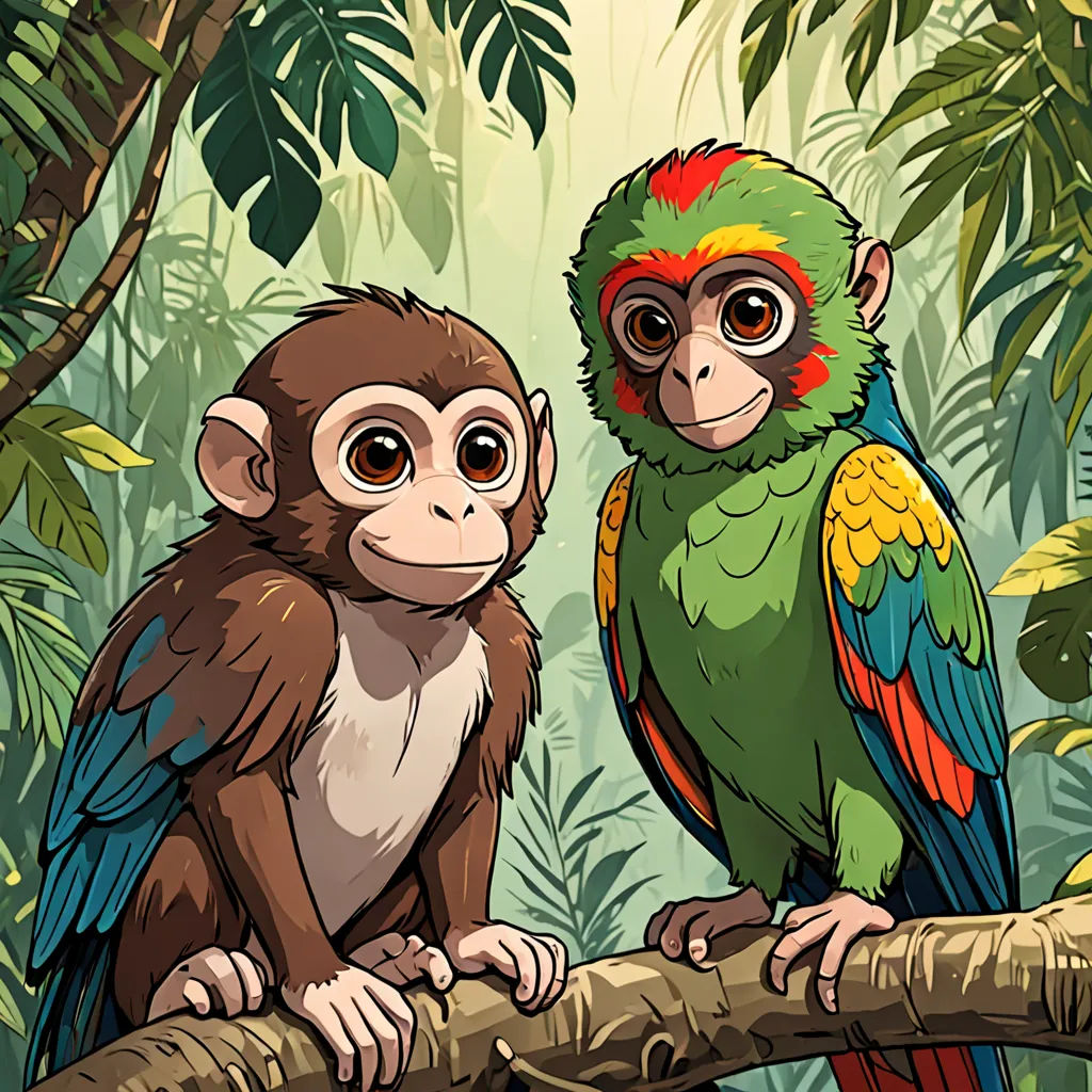 two monkeys sitting on a branch in a jungle with a tree branch in front of them and a monkey on the branch, primitivism, a storybook illustration, Diego Gisbert Llorens, jungle