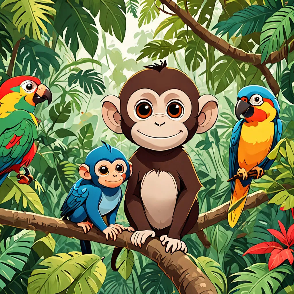 a group of monkeys sitting on a tree branch in a jungle with a monkey and a monkey cub on it, primitivism, a storybook illustration, Diego Gisbert Llorens, jungle