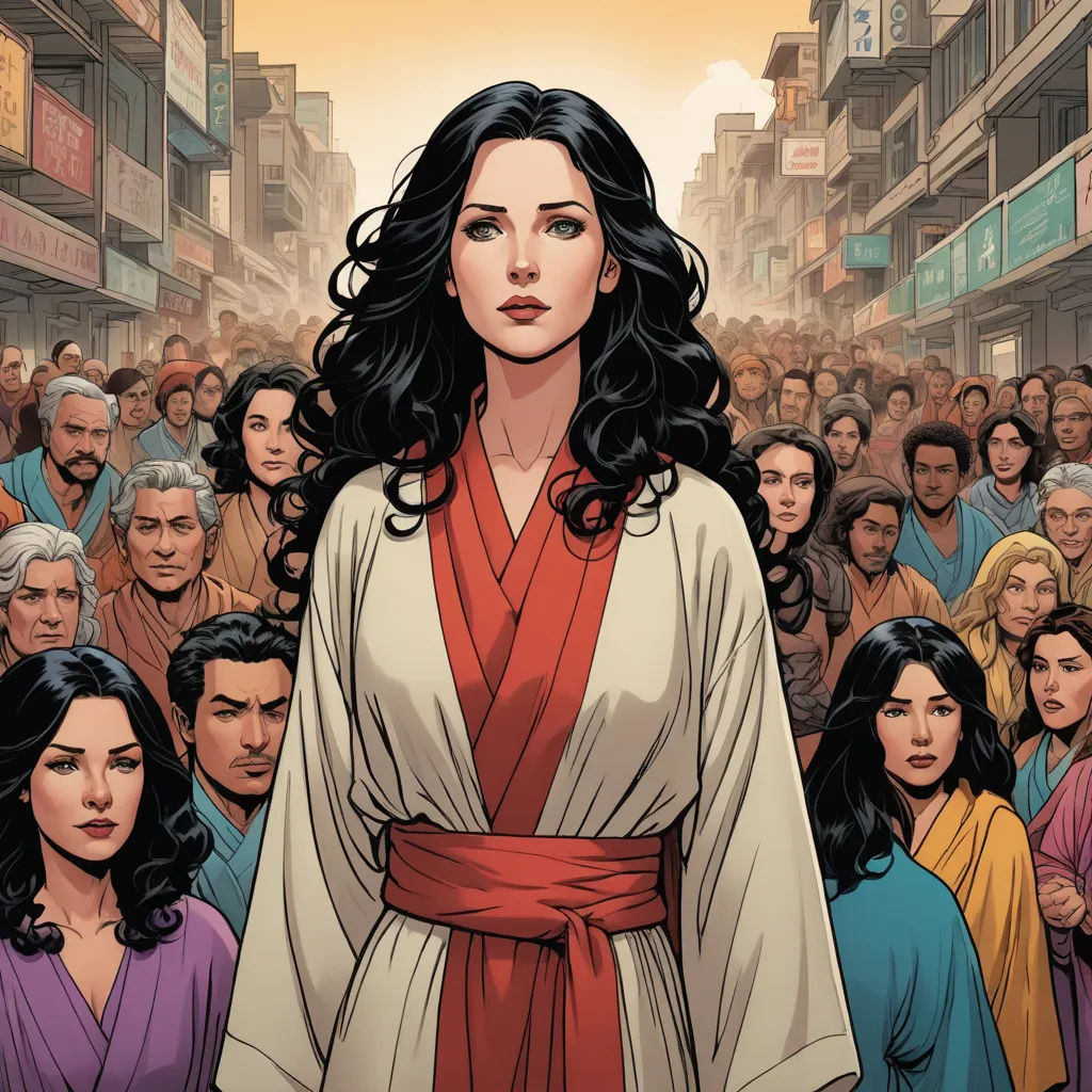 a woman in a red and white robe standing in front of a crowd of people in a city street, context art, a comic book panel, Artgerm, comic cover art