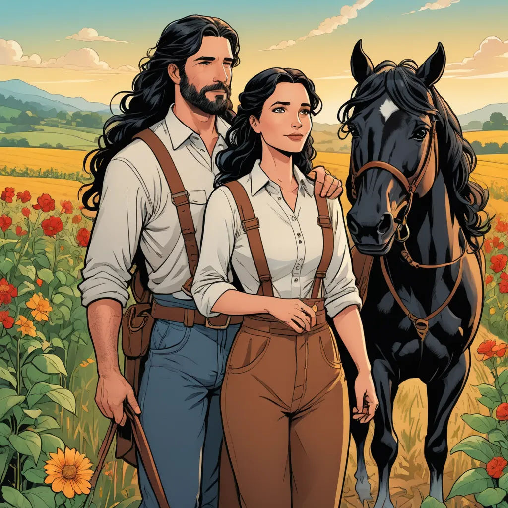 a man and woman standing next to a horse in a field of flowers with a horse behind them and a sky with clouds, american romanticism, a comic book panel, Brothers Hildebrandt, western comic book art