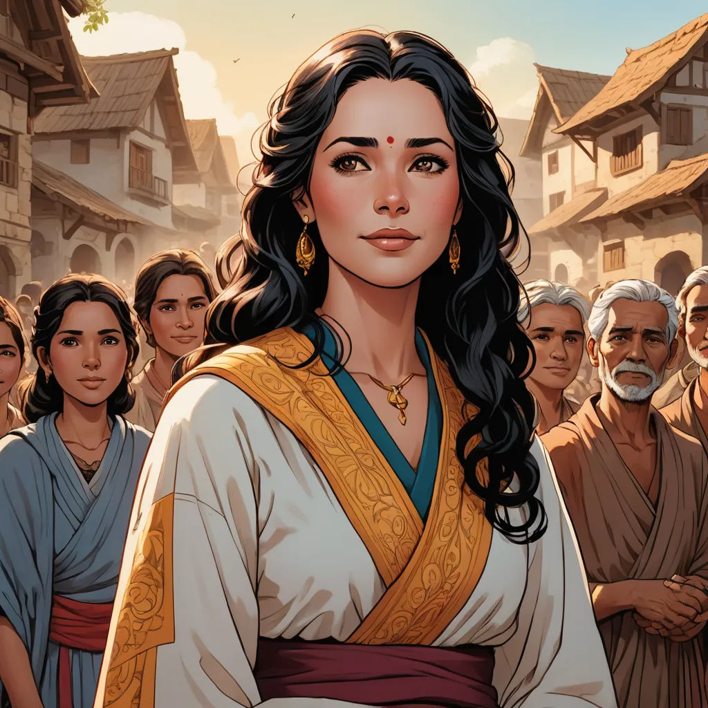 a woman in a white and yellow dress surrounded by people in a village, with a man in the background, context art, a comic book panel, Cassandra Austen, comic cover art