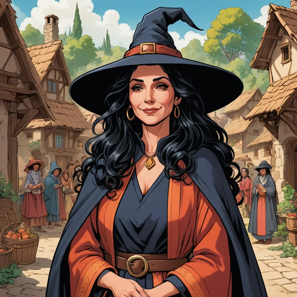 a woman in a witch costume standing in front of a village with people and a pumpkin on the ground, fantasy art, a character portrait, Art of Brom, official art