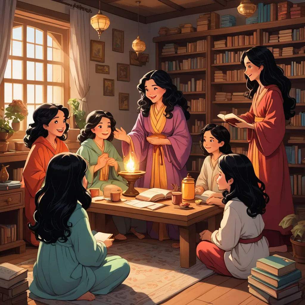 a group of women sitting around a table with a candle in front of them and books on the shelves, fantasy art, a storybook illustration, Brothers Hildebrandt, official art