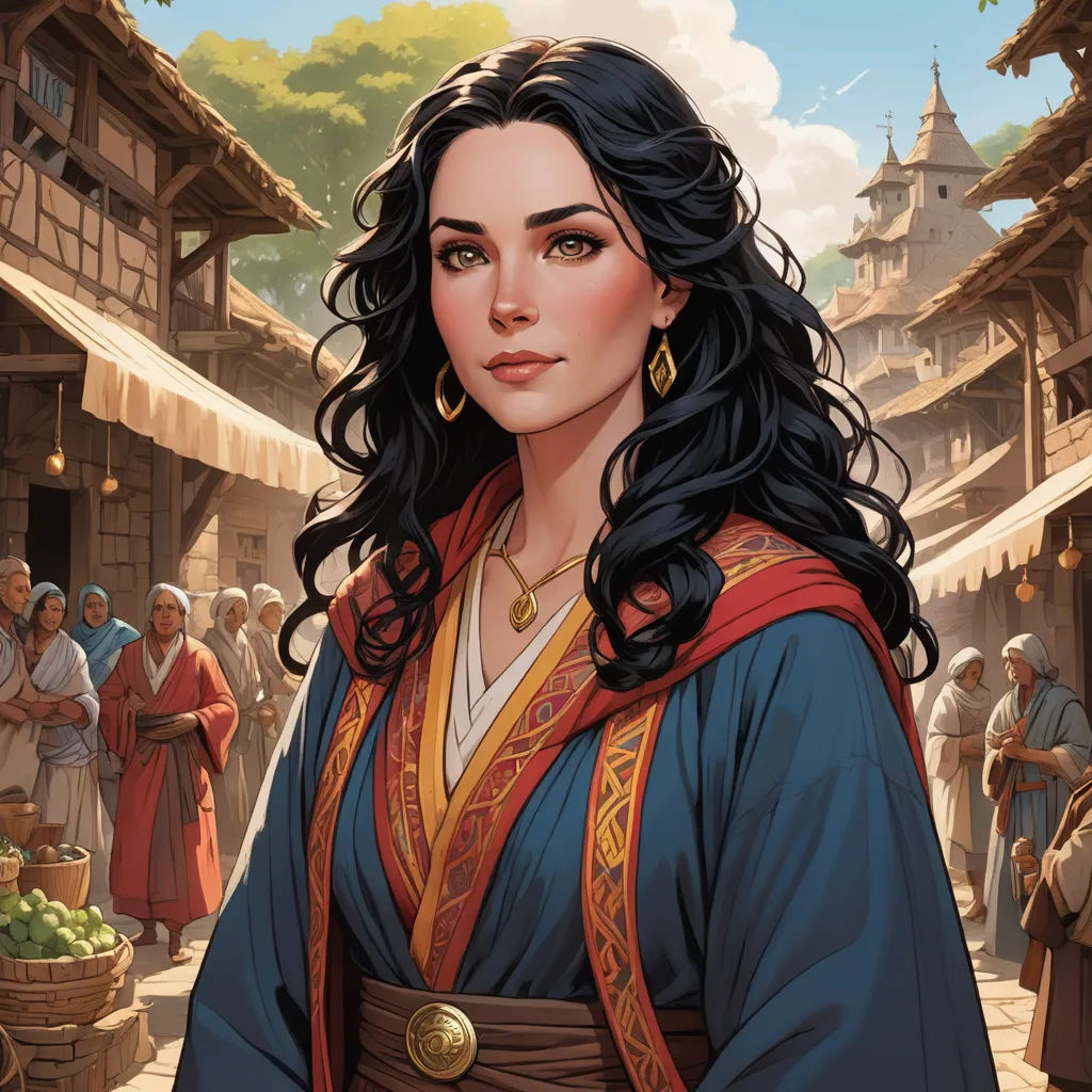 a woman in a blue dress standing in front of a crowd of people in a village with a clock tower, fantasy art, a character portrait, Charlie Bowater, epic fantasy character art