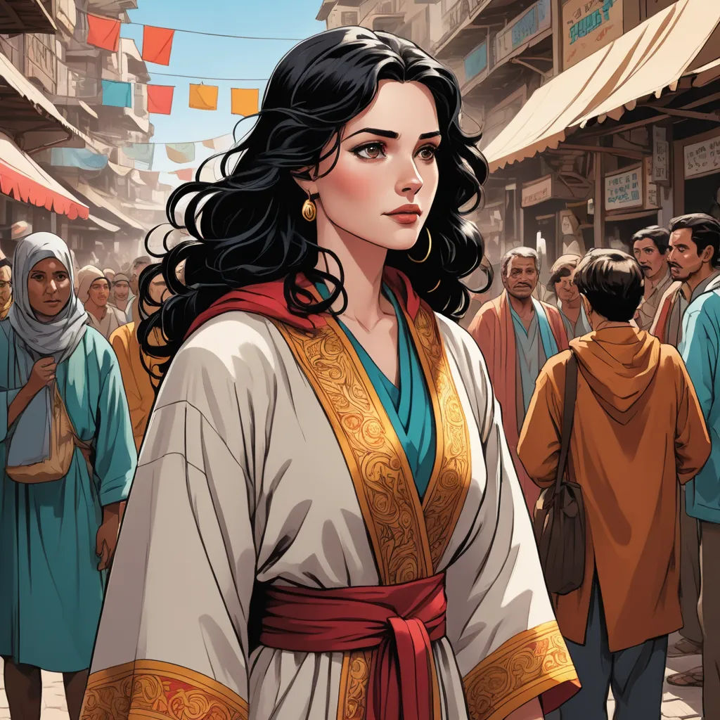 a woman in a white and gold dress standing in a crowd of people in a city street with a red ribbon around her neck, fantasy art, a comic book panel, Charlie Bowater, graphic novel