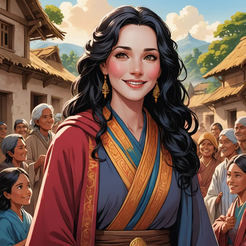 a woman in a blue dress standing in front of a crowd of people with a gold ring on her right hand, sots art, a character portrait, Constance Gordon-Cumming, high detail illustration