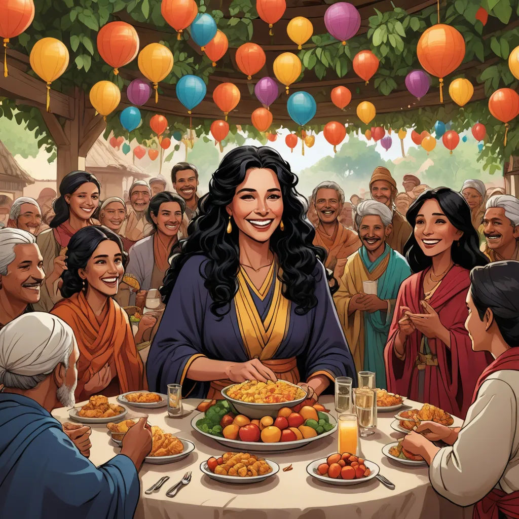 a painting of a woman serving food to a group of people at a table with balloons in the background, lyco art, a storybook illustration, Asaf Hanuka, promotional image