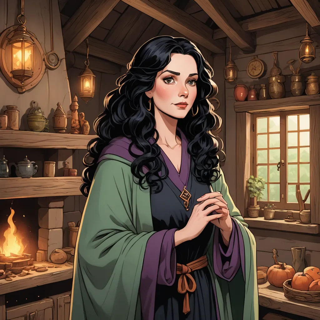 a woman in a kitchen with a candle in her hand and a pot on the stove behind her, and a window with a lit candle in the background, fantasy art, a character portrait, Evaline Ness, fantasy illustration