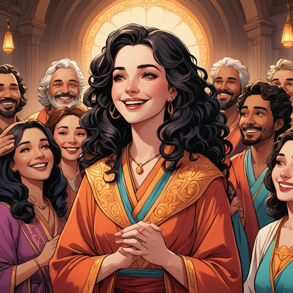a woman in a red dress surrounded by other people in a church with a halo above her head and a cross on her chest, renaissance, a comic book panel, Araceli Gilbert, comic cover art