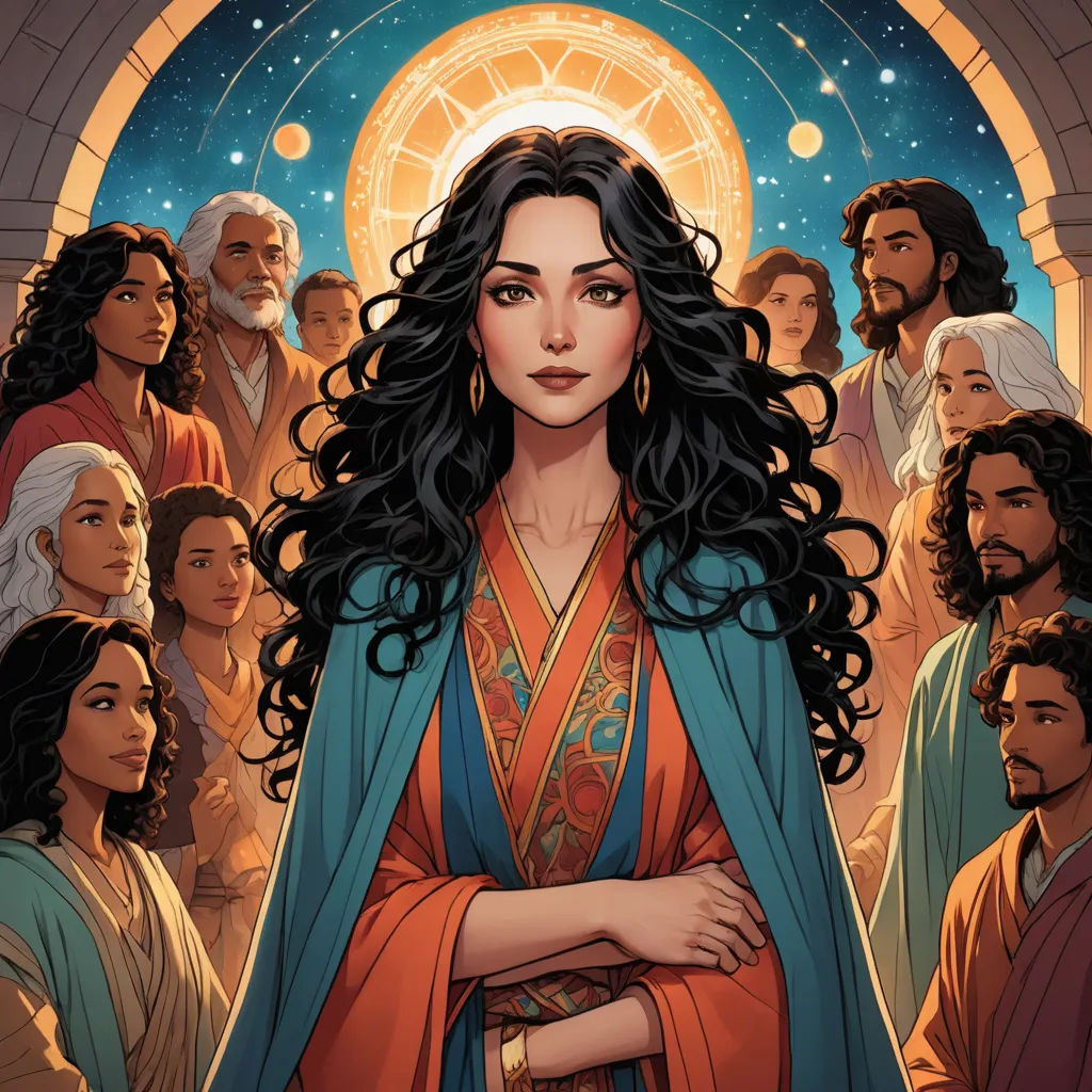 a woman with long hair standing in front of a crowd of people with a halo above her head and a star above her head, pre-raphaelitism, a comic book panel, Donato Giancola, comic cover art