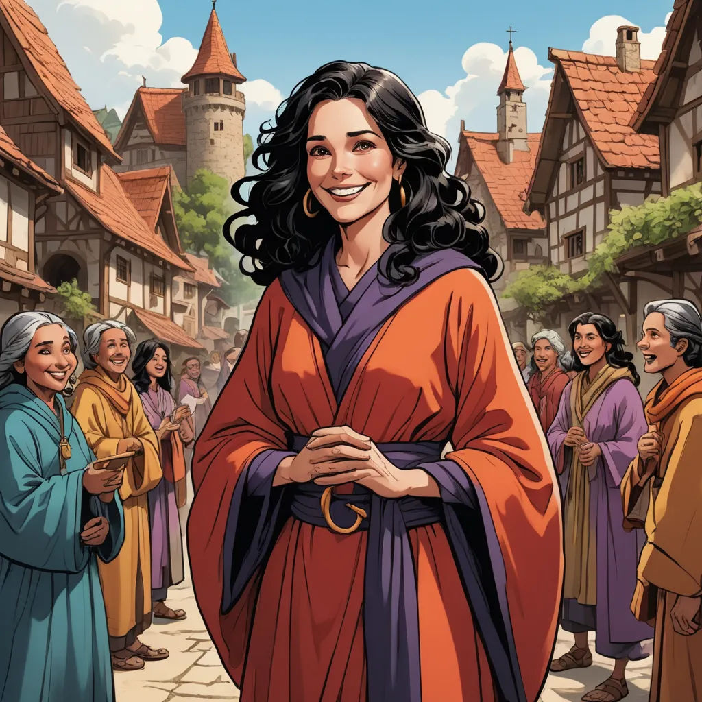 a woman in a red robe standing in front of a crowd of people in a village with a clock tower, fantasy art, a comic book panel, Brothers Hildebrandt, comic cover art