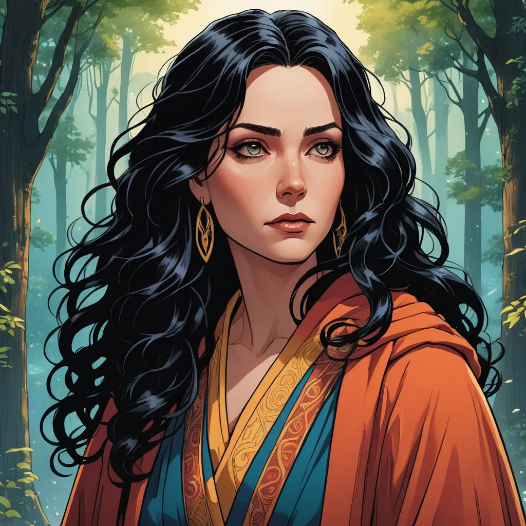 a woman with long black hair and a red cape in a forest with trees and leaves on the background, fantasy art, a character portrait, Charlie Bowater, epic fantasy character art