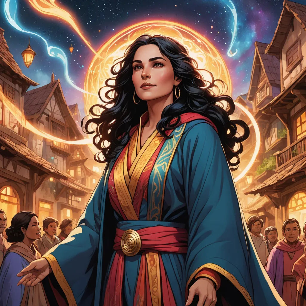 a woman in a blue and red dress standing in front of a crowd of people in a town at night, fantasy art, a character portrait, Donato Giancola, magic the gathering artwork