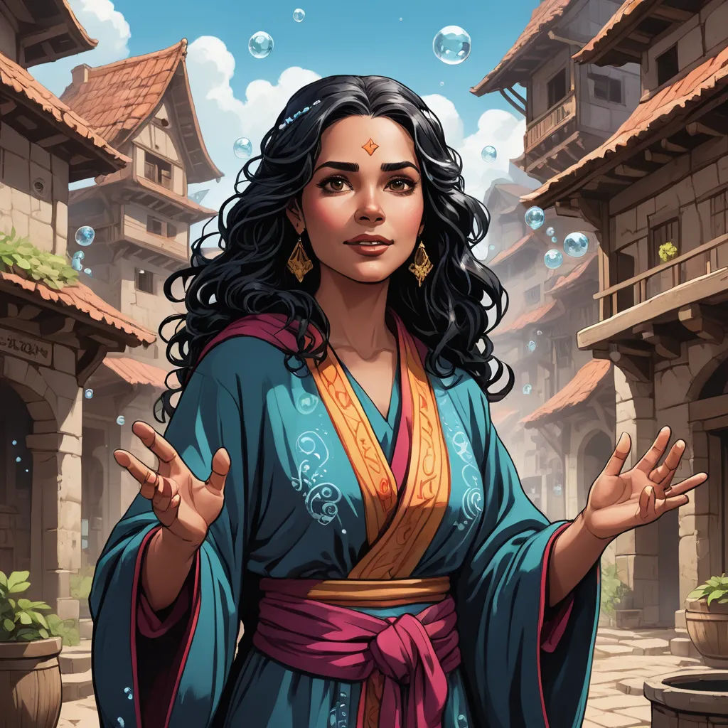 a woman in a blue dress standing in front of a building with bubbles floating in the air and a sky background, fantasy art, a character portrait, Chris Rallis, magic the gathering artwork
