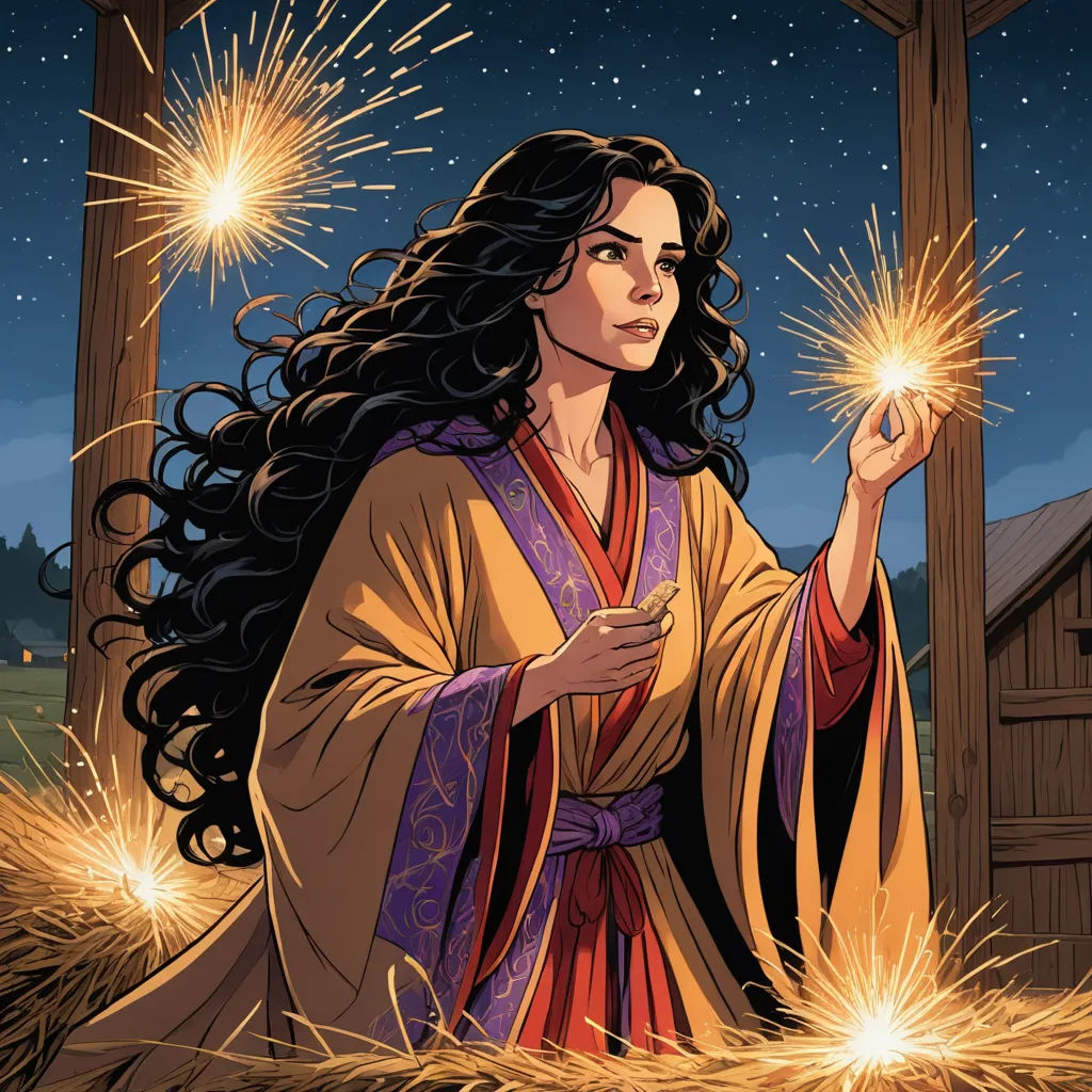 a woman holding a sparkler in her hand and a barn in the background with fireworks in the air, fantasy art, a storybook illustration, Dan Mumford, official art