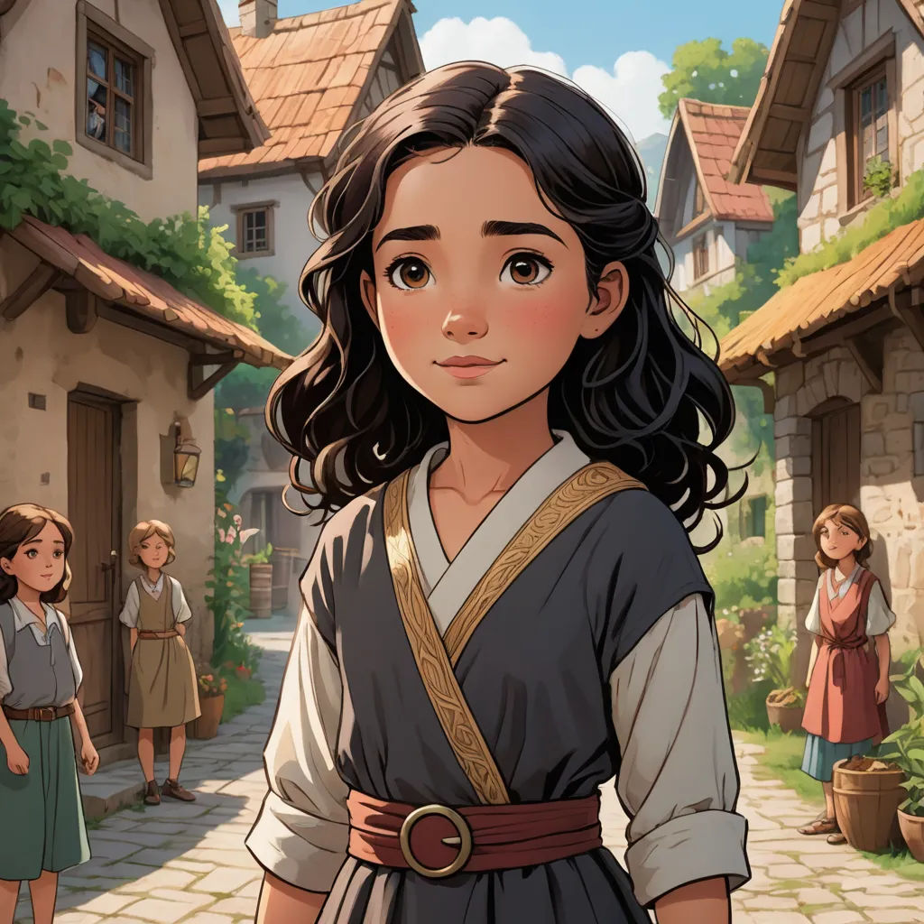 a young girl standing in front of a group of people in a village with a woman in a dress, fantasy art, a character portrait, Ada Gladys Killins, official art