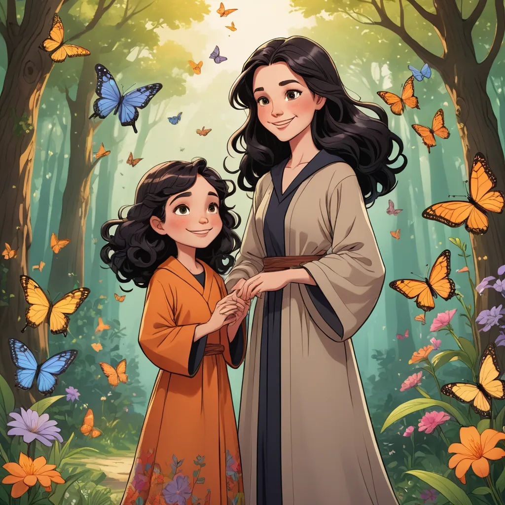 a woman and a child standing in a forest with butterflies flying around them and a butterfly - covered sky, cloisonnism, a storybook illustration, Anne Said, official art