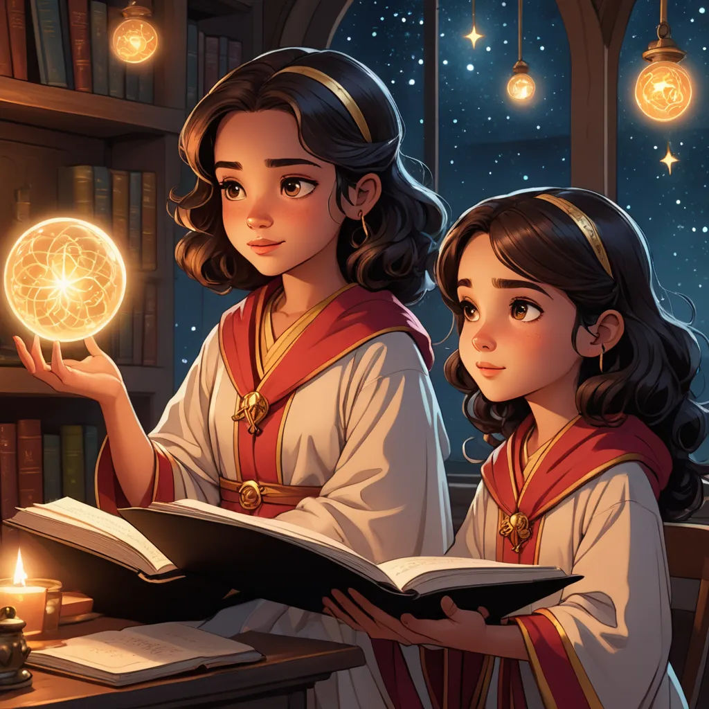 a girl and a girl are reading a book in a library with a glowing orb in her hand and a candle in her hand, fantasy art, a storybook illustration, Diego Gisbert Llorens, rossdraws global illumination