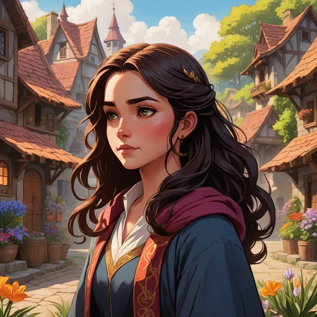 a woman in a dress standing in front of a house with flowers in front of her and a castle in the background, fantasy art, a character portrait, Charlie Bowater, kinkade