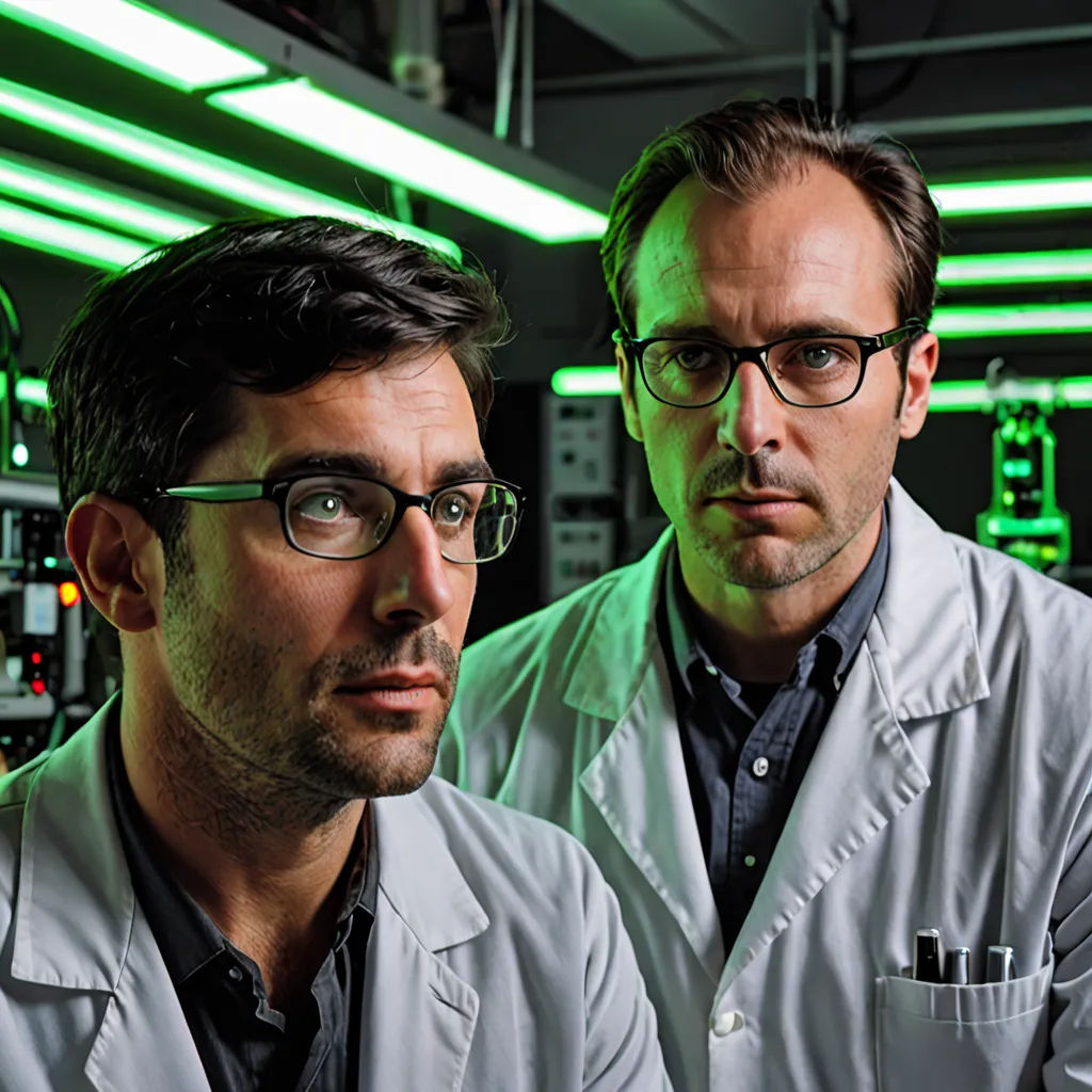two men in lab coats standing in a room with green lights on the ceiling and a green light on the ceiling, les automatistes, a colorized photo, Felix-Kelly, promotional image