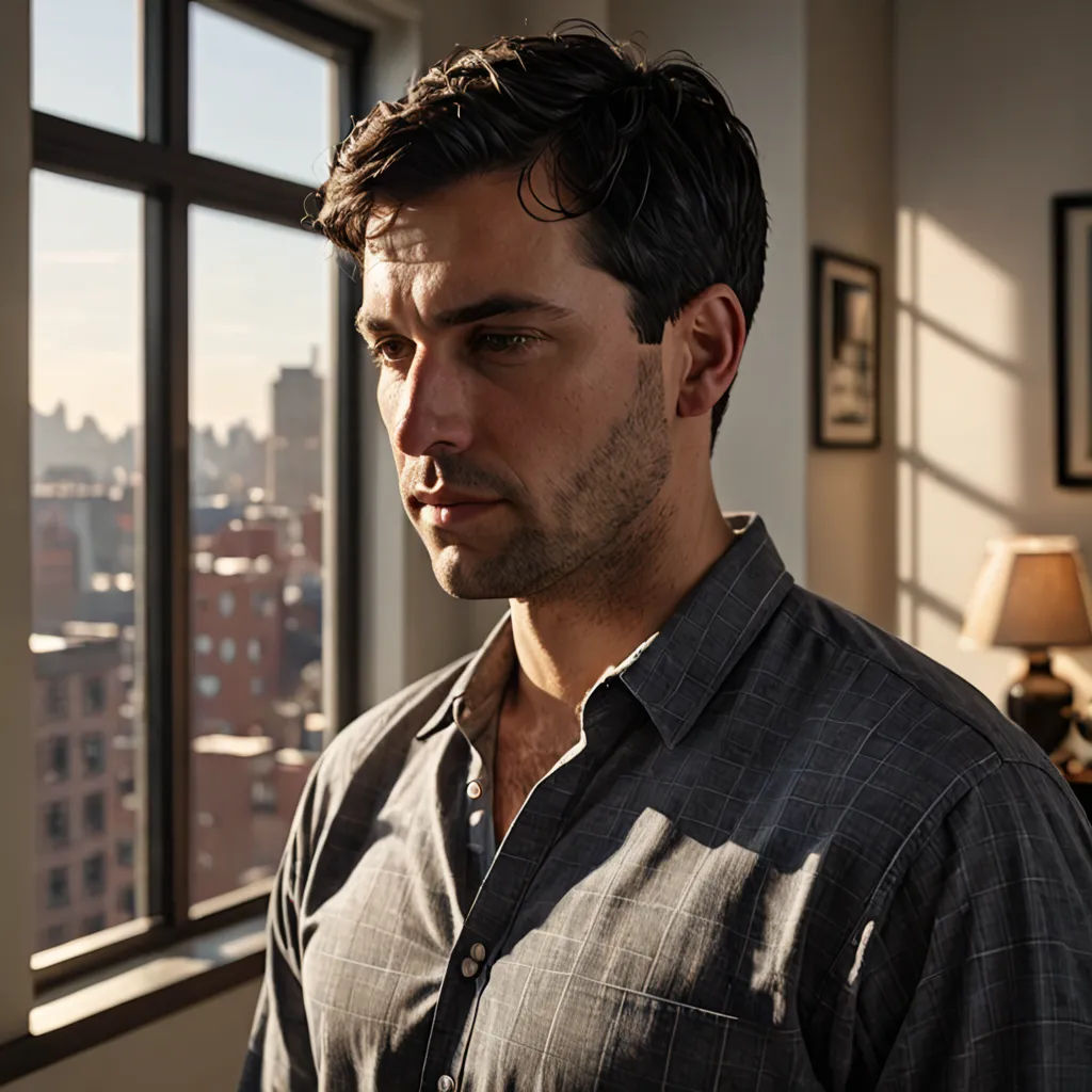 a man looking out a window in a room with a view of the city outside of the window and a lamp on the table, photorealism, a character portrait, David Budd, promotional image