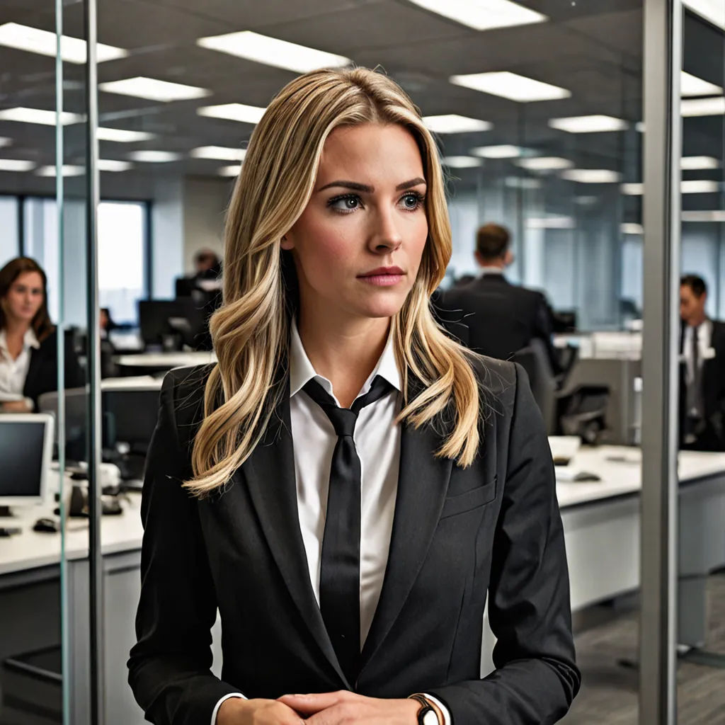 a woman in a suit standing in an office cubicle with her hands on her hips and looking at the camera, purism, a stock photo, Constance Copeman, promotional image