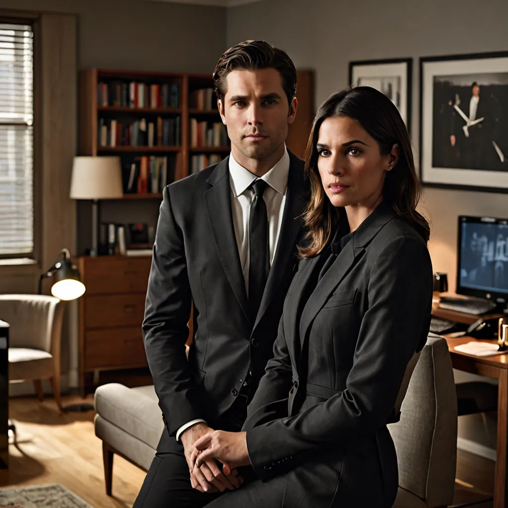 a man and woman sitting on a couch in a living room together, posing for a picture in front of a bookcase, international gothic, a poster, Felix-Kelly, promotional image