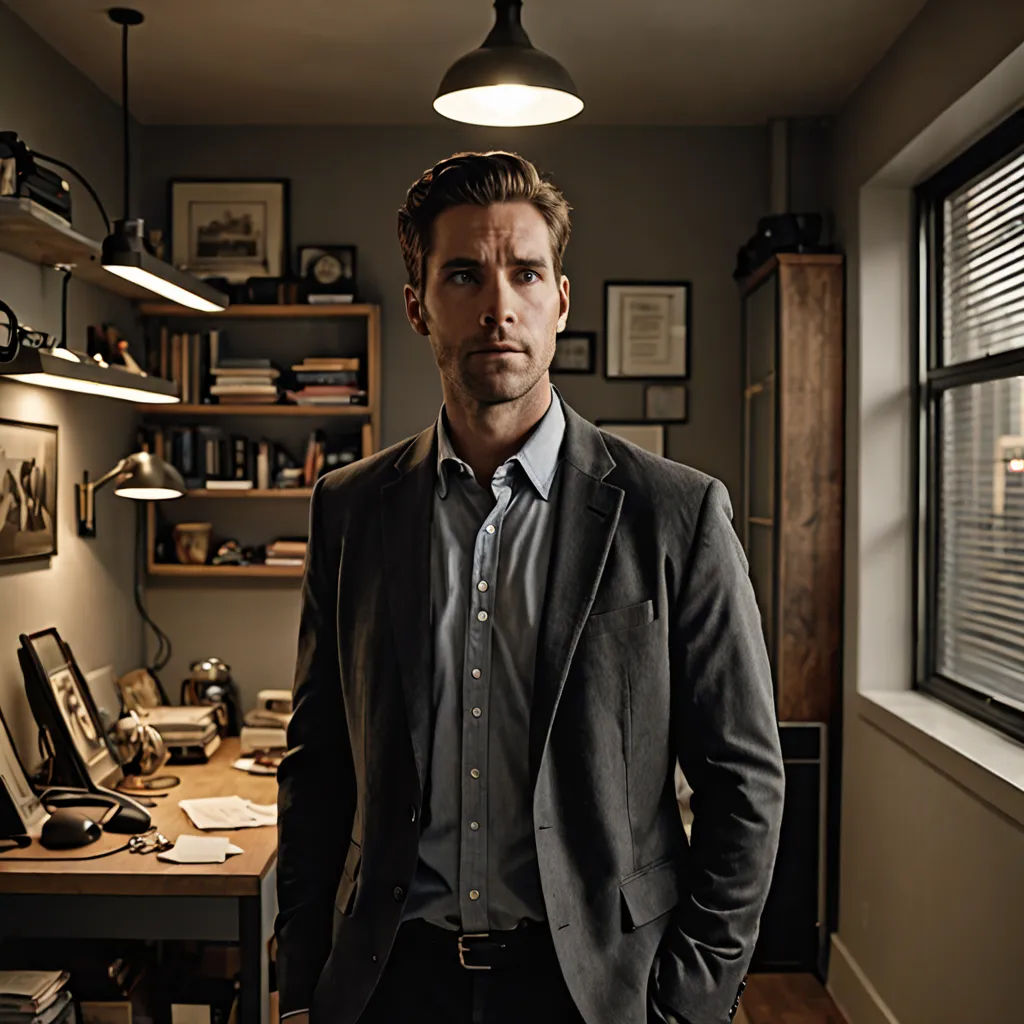 a man standing in a room with a desk and a window in the background with a lamp on it, arts and crafts movement, a character portrait, Aaron Bohrod, promotional image
