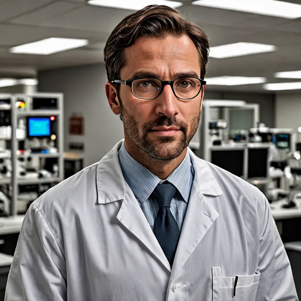 a man in a lab coat and tie standing in a room with many machines and monitors on the walls, neoplasticism, a character portrait, Dr. Atl, zeiss lens