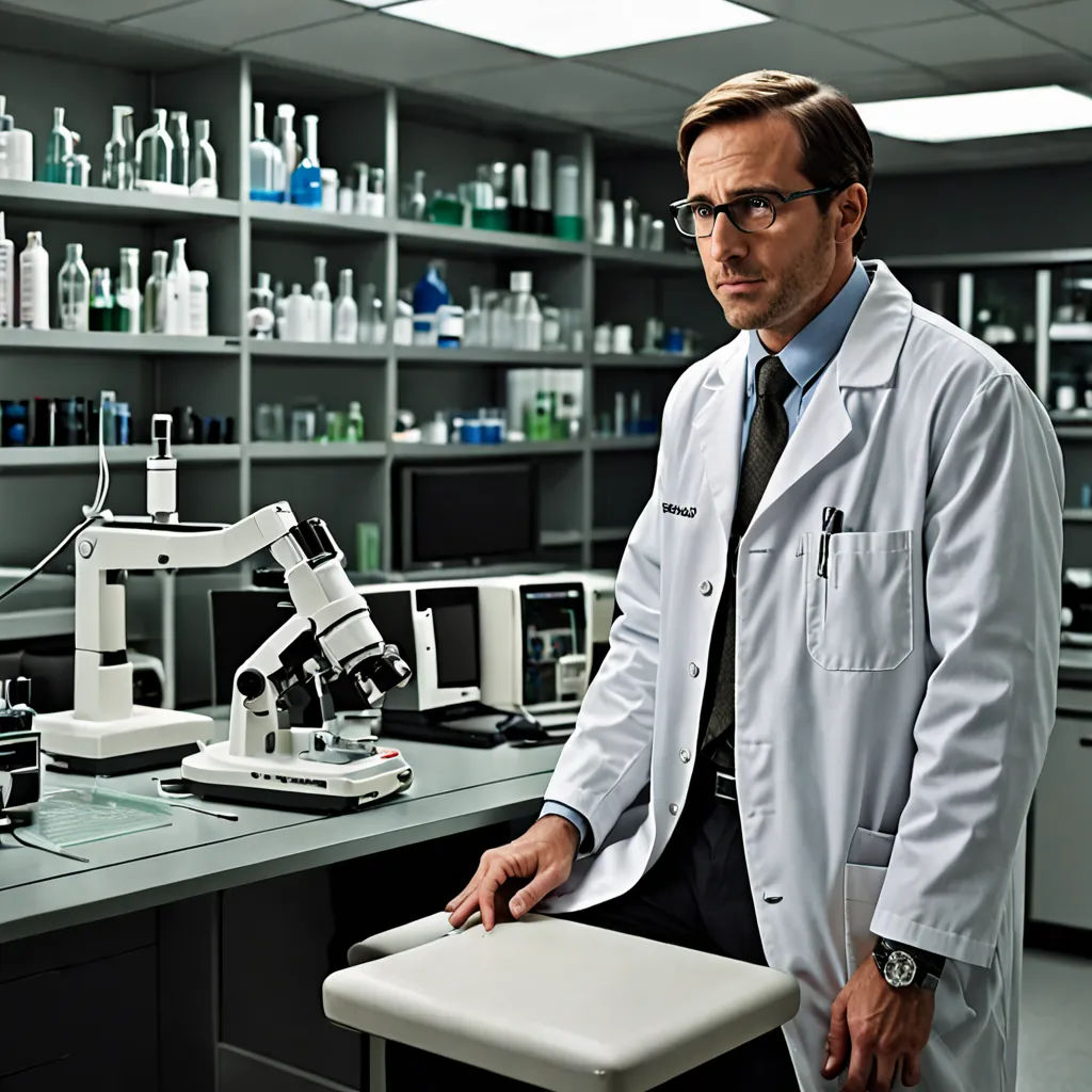 a man in a lab coat standing next to a microscope and a chair with a microscope on it in front of a shelf of bottles, neoplasticism, a stock photo, Christian W. Staudinger, promotional image