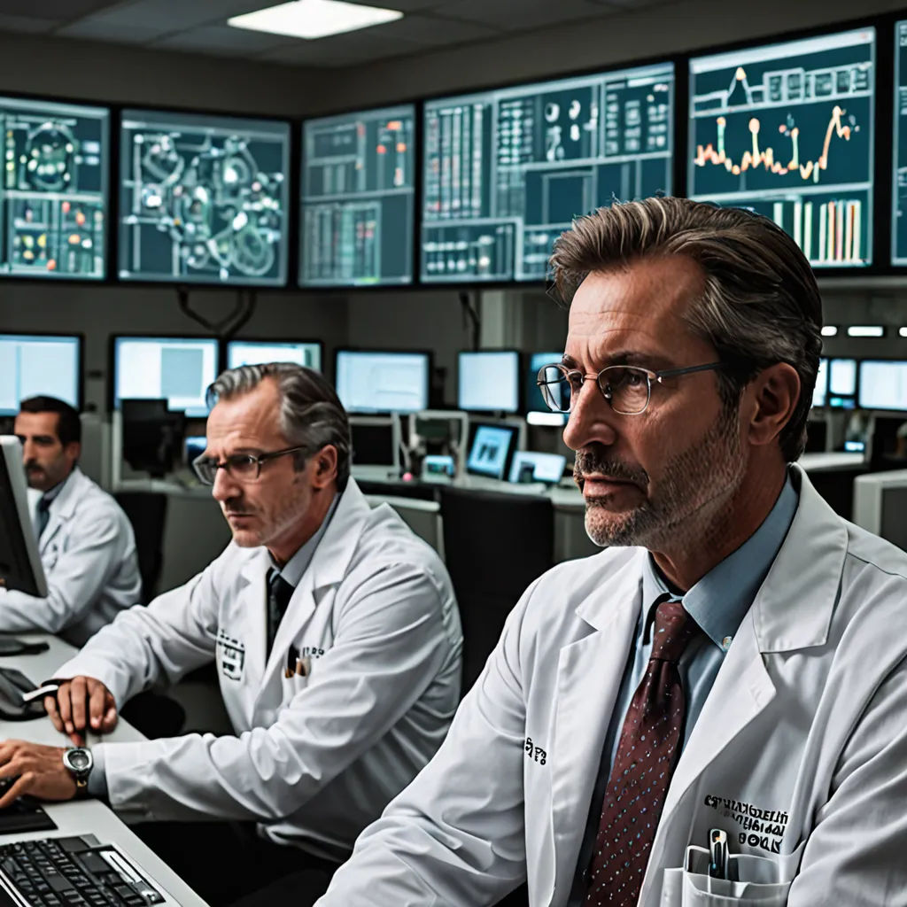 a group of men in lab coats sitting at a desk with computers and monitors on the wall behind them, les automatistes, a stock photo, Doc Hammer, promotional image
