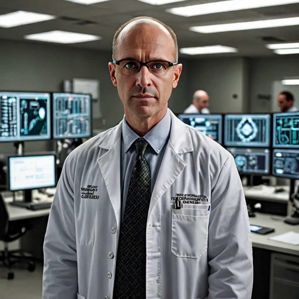 a man in a lab coat standing in front of a bunch of monitors in a room with people in the background, neoplasticism, a character portrait, Dr. Atl, promotional image